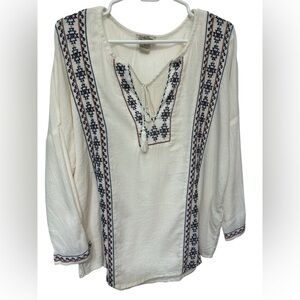 Lucky Brand White Long Sleeve Embroidered Boho Top